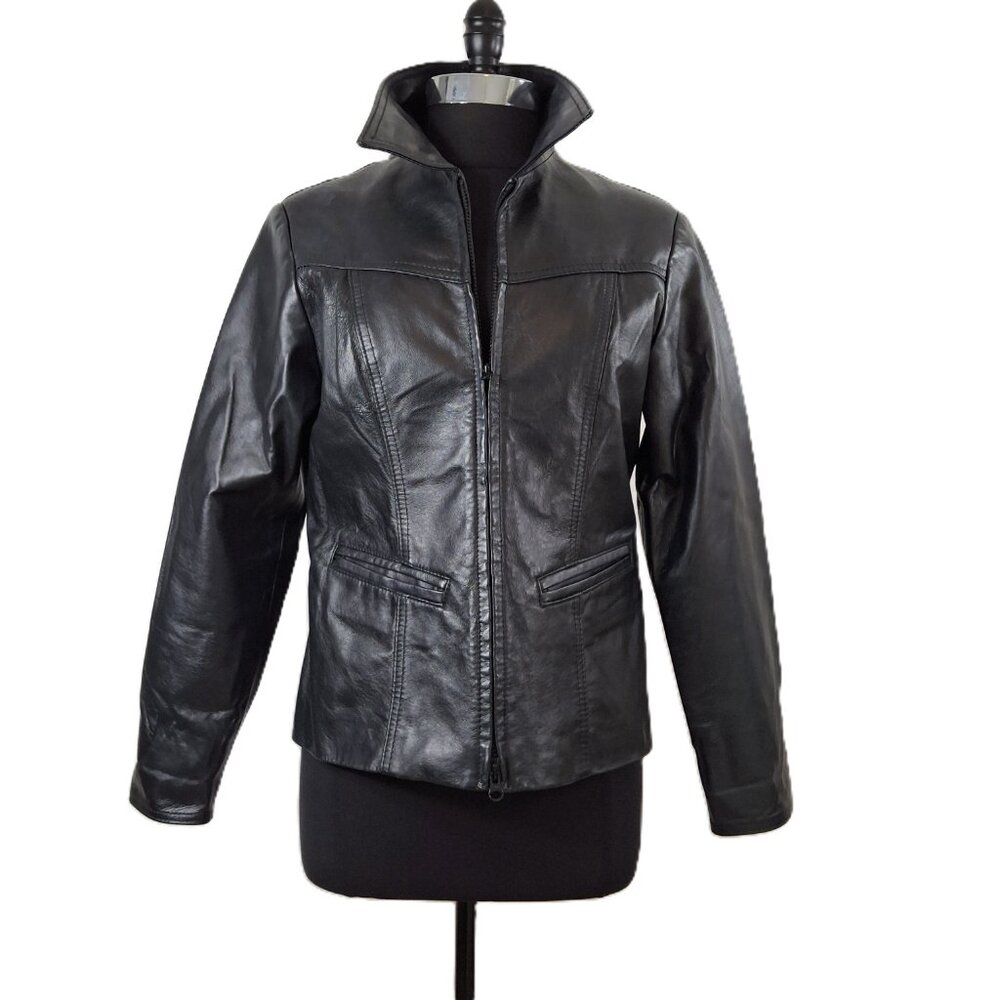 Vintage Sz M Women's Genuine Black Leather Jacket Leather Ranch Zip Up - Picture 6 of 11